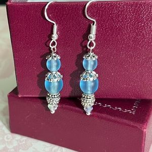 Handcrafted Double Blue Frosted Dangle Pierced Drop Earrings Silvertone Wires